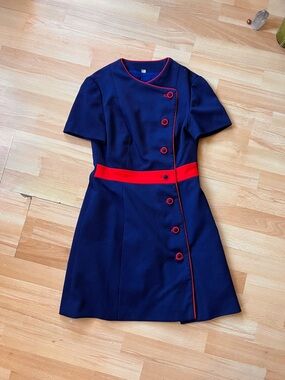 Fabulous sexy vintage Navy mini mod dress with Red Trim